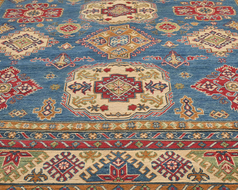 8x10 Blue Kuba Afghan Hand Knotted Wool Area Rug